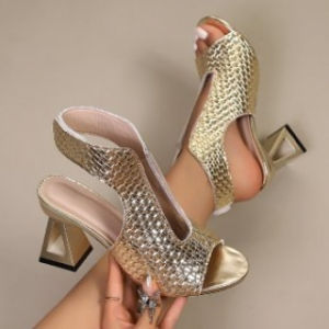 [Free Shipping] 0.5 Size Difference Large Size Gold Woven High-Heeled Sandals For Women Open-Toe Hollowed-Out Design Backless Chunky Heel Suitable For Parties