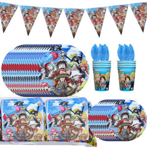 ข้ามพรมแดนชิ้นเดียวตกแต่งงานเลี้ยงวันเกิดอุปกรณ์ปาร์ตี้ลูฟี่จานกระดาษทิชชู่ถ้วยกระดาษผ้าปูโต๊ะกล่องขนมดึงธง