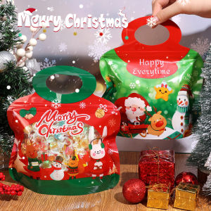 5Pcs Christmas Cartoon Self-lock Bag Handheld Snack Packaging Pouches Party Festive Supplies Candy Wrapper Plastic Tote Bag DIY Portable Storage Pocket Christmas Gift Packaging Bag