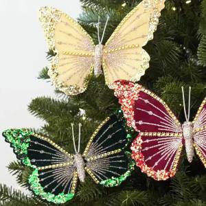 Sacesr Flocked Velvet Christmas Butterfly Ornament Glitter Handmade Xmas Sequin Faux Butterfly Soft Fluff Realistic R7Q2P