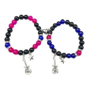 2pcs Guitar Star Pendant Bracelet Magnetic Heart Couple Hip Hop Elastic Beaded Bracelets for Men Women Gift