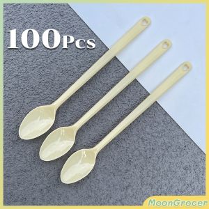 M.G. 100pcs Disposable Plastic Spoon Colored Long Teaspoon for Dessert Milk Tea Sorbet