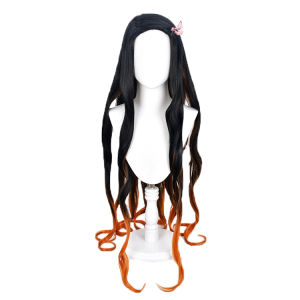Japanese Anime Demon Slayer Wig Kamado Nezuko Cosplay Wig For Women Black-brown Long Curly Hair Tanjirou Sister Wavy Wig Hair【Free Bow Ribbon】