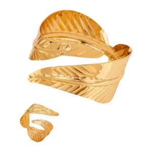2PCS Metal Opening Bracelet and Ring Jewelry Set Geometric Leaf Shaped Accessories Comfortable Fit Accessory for Women