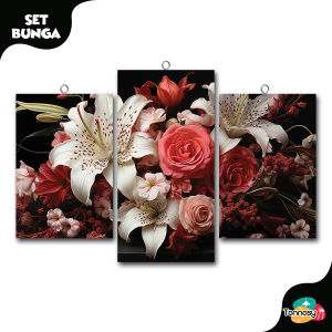 TENNESY Hiasan Dinding Set Bunga bouquet pink beauty 3D 3 Panel Besar Dekorasi Dinding Kamar Tidur Pajangan Kayu Poster Dekorasi Rumah