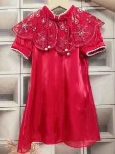 [KIDSWONDERLAND] 1060 Gaun Pesta Cheonsam Anak Motif Shimmer Cream Collar Mute