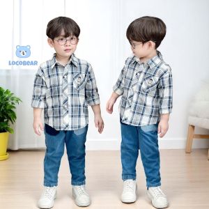 BE220 Bộ áo sơ mi caro dài tay quần bò jean LOCOBEAR quần áo cho bé trai phong cách Hàn Quốc