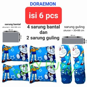 ISI 6 PCS SARUNG BANTAL DAN SARUNG GULING MOTIF DORAEMON.SARBAN 4 PCS DAN SARGUL 2 PCS.UKURAN STANDAR DEWASA.BISA COD