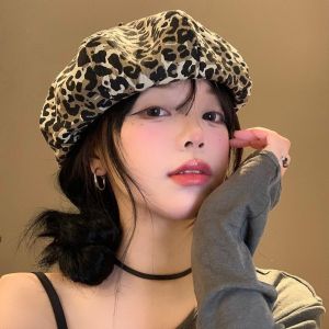 XINSU38 Y2K Leopard Print Beret Classic Cloud Octagonal Cap Elegant Korean Style Painter Hat Women