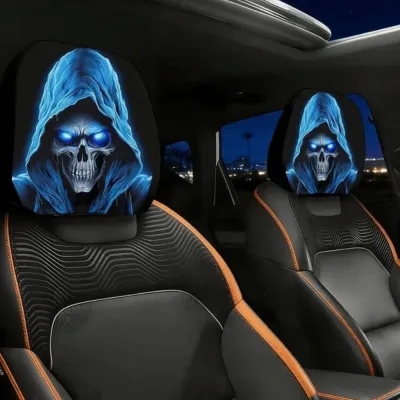 2PCS Elastic Halloween Car Headrest Covers Skull Pattern Scary Face Print Seat Headrest Protectors New Breathable Auto Interior Decoration Cover Decoration