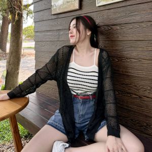 🌈SpinnyHouse🌈ชุดเซ็ต 2 ชิ้น สายเดี่ยว+เสื้อคลุมตัวยาว ผ้าตาข่ายรู 💝 งานผ้าเนื้อนุ่มใส่เที่ยวทะเล ใส่ออกงานได้ค่า รุ่น วันเกิด