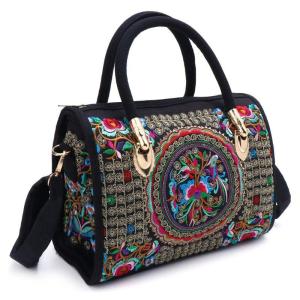 Women Floral Embroidered Handbag Ethnic Boho Canvas Shopping Tote Zipper Bag
