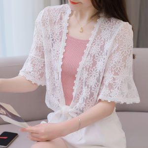 Impression Fshion Women Lace Hollow Flower V-neck Half Ruffle Sleeve Front-tie Short Sun-protective Shawl Cardigan