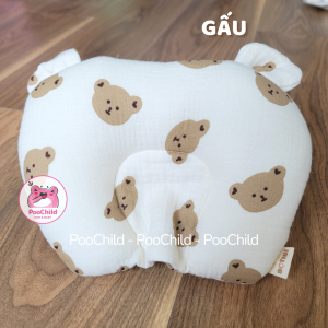 Gối cho bé sơ sinh chống bẹp đầu PooChild gối lõm chống méo đầu xô muslin gối nằm em bé cao cấp