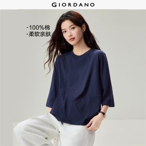 Giordano Beau Monde Women 100% cotton seam detail 3/4 sleeve loose tee Free Shipping 13326601