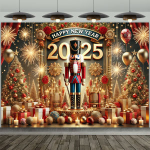 New Product 2025 New Year background cloth led by Nutcracker and golden tree fireworks theme to celebrate New Year hanging cloth background.