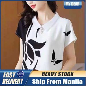 Chiffon Shirt for Women Korean Doll Collar Blouse Print Short-sleeved Shirt