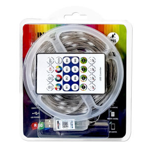 RGB LED Strip Lights with Remote Control and Smartphone App for Customizable Color Settings.