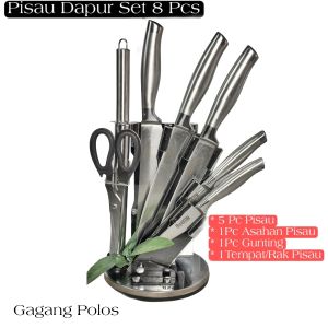 Pisau Dapur Set Tajam Bahan Baja Stainless Tebal Tahan Karat Proffesional 8 Pcs Termasuk Tempat Pisau