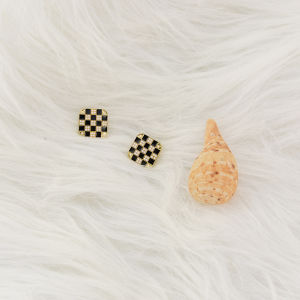 Fashionable Ring Gift S925银针黑白棋盘格矩形耳环小众设计感几何方格吊坠秋冬珍珠耳钉
