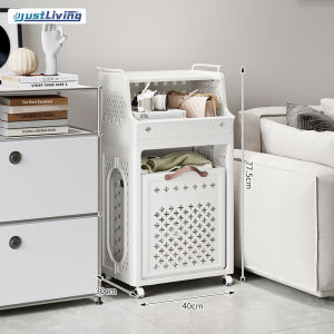 JustLiving Mutli-Functional Shelf Cabinet with wheels Multi-Tier Laundry Basket with Hanging Rack and Basket Hamper Kitchen storage CartStackable Storage Organize Open FrontDirty Clothes HamperPlastic laundry room organization