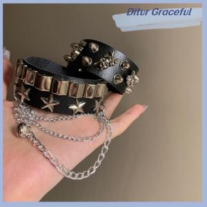 Ditur Punk Gothic Skull Bracelet Chains Metal Spikes PU Leather Wristband Cuff Bangle Wide Cuff Bracelet Women Men Jewelry