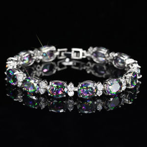 SEQUITO Brilliant Colorful Blue Women Bracelet Silver Plated Paved Setting Shiny AAAAA Oval Zirconia Charming Prom Party Bangle Costume Jewellery B196