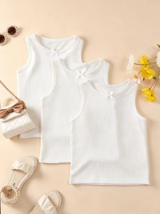 3 Pcs Baby Girls White Striped Tank Top Bow Decoration Soft Stretch Summer Basic Tee Kids Toddler Breathable Vest Aged 1-9Y Wear2026