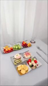 FFBH Stainless Steel Fruit Plate Kitchen Rectangular Partitioned Plates Silvery Hammered Texture Snack Dish Household Decorative Tray 9R3H1