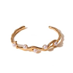 LKMART Irregular Pearls Golden Bracelet Alloy Opened Silver Wrist Circle Versatile French Style Wave Shaped Bracelet Women