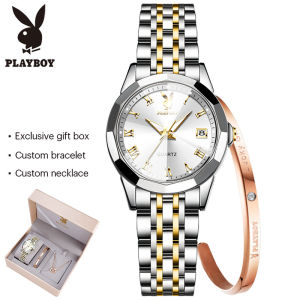PLAYBOY แฟล็กชิปสโตร์ นาฬิกาผู้หญิงของแท้ 2025 แฟชั่นใหม่ นาฬิกาควอตซ์ปฏิทินกันน้ํา ชุดสายสแตนเลสเรืองแสง กล่องของขวัญสําหรับแฟนสาว