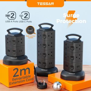 TESSAN Retractable Tower Extension Plug 2m Extension cord Power Multi plug Socket with USB Desktop Power Strip USB Adapter Extension Socket