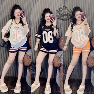 Terno for Women Korean Loose V-neck Printed T-shirt + Shorts Two Piece Sets Casual Outfits for Women