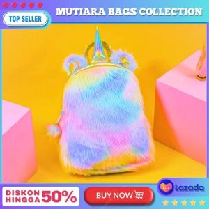 Mutiara Ransel Bulu Unicorn Moe Fluffy Rainbow Backpack Korea Import Super Lembut Ransel Anak Lucu Style Kekinian Terbaru 2025