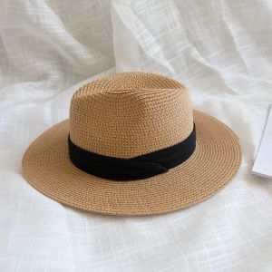มี2สี หมวก ไม่จำกัดเพศ หมวกฟางชายหาดป้องกันแสงแดด หมวกปานามา หมวกปีกแบน หมวกกันแดด แต่งตัวหมวก หมวกถัก