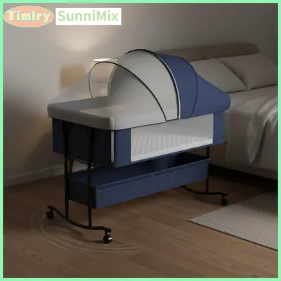 SunniMix Movable Wheels Foldable Baby Crib Adjustable Height Foldable Crib Storage Basket Portable Bassinet Bug Net Net for Newborns Infants Bedroom Nursery
