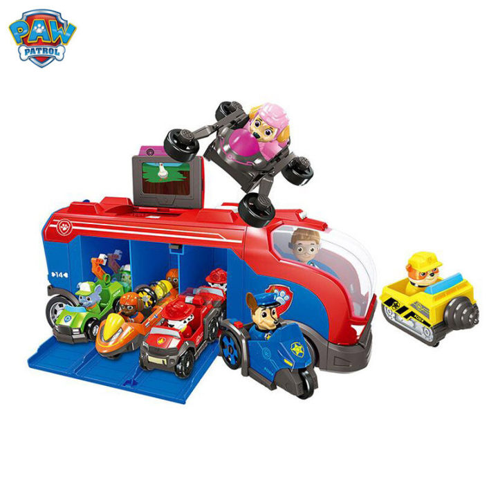 Paw Patrol Mission Paw Cruiser รถบัสหกเพลง Paw Patrol ชุดรถยนต์ของเล่นสุนัขบรรทุกคันใหญ่ทีมกู้ภัยตุ๊กต (รถบัส + 1กัปตัน +3สุนัขรถยนต์ + 3ใบ)