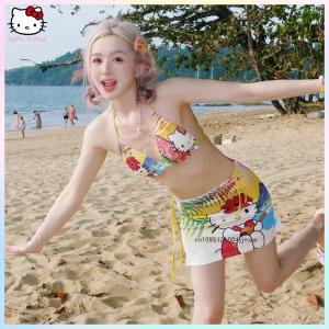 Hello Kitty Hawaii Split Swimsuit Suit for Women In Summer Kawaii Hot Girl Small Breasts Push Up Bikini Beach Wear Surfing Suit
