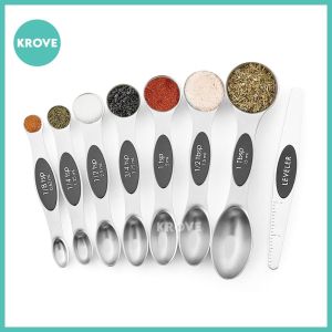 8pcs Magnetic Nesting Stainless Steel Measuring Spoons Set w/ Leveler Tea Teaspoon Table Spoon tsp tbsp Kitchen Cooking Baking Tools Heavy Duty Durable
