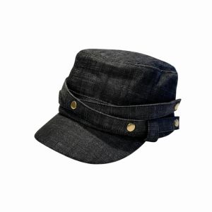 GENENIC Washed Denim Denim Flat Hat Metal Button Cross Ribbon Rivet Top Cap Strap Sun Cap Solid Color Retro Equestrian Cap Trendy Women