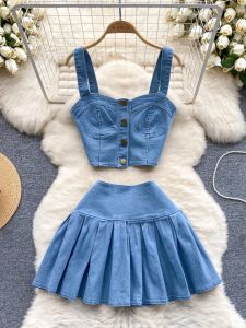 American Chic Denim Skirt Sets Women Spaghetti Strap Backless Female Tank Tops + A-line High Waist Pleated Mini Skirts Dropship H260729