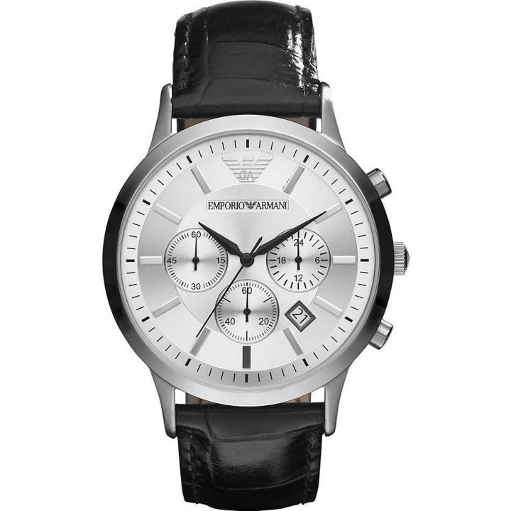 100 ORIGINAL Emporio Armani Men s AR2432 Classic Chronograph Silver Dial Leather Watch Black Lazada