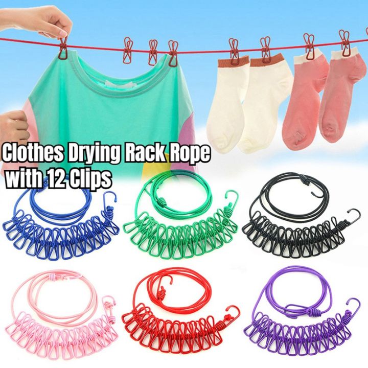 Retractable Clothes Drying Rack Rope with 12 Clips Portable Clothesline ...