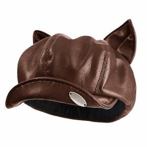 MARBLEX PU Leather Cat Ear Beret Black/Coffee Cute Ear Design Newsboy Cap Elegant Retro Style Leather Beret Hat For Women Girls
