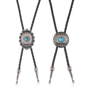 Bolo Tie With Turquoises Gemstones Flower Charm Adjustable Leather Cord Necktie Necklace For Western Fashion Enthusiasts