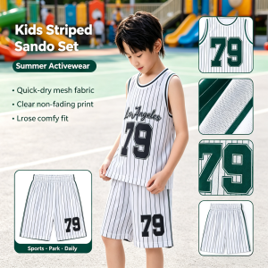 AILEBE Kids Sets Terno Striped Sleeveless Sando Shorts Set Breathable Quick-Dry Mesh Summer Activewear Letter Number Print Loose Comfy Fit Pambahay OOTD For Baby Boys Girls 1-6 Years