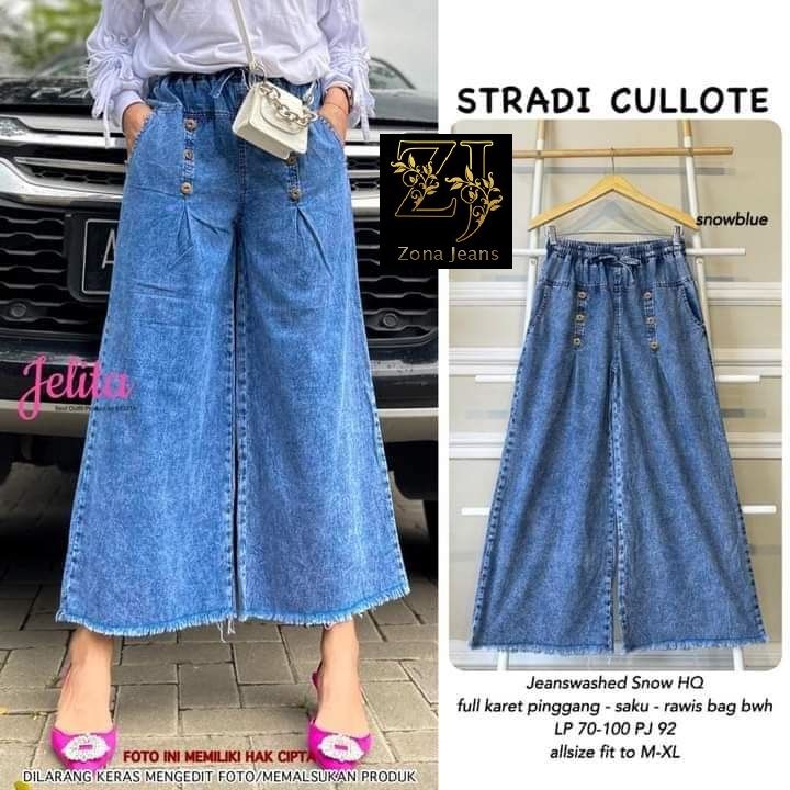 Celana Kulot Panjang Wanita Motif Bawah Rawis Snow Blue