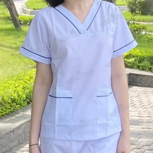 Bộ blouse cổ tim trắng viền xanh Dương cho điều dưỡng dược sĩ y tá thẩm mỹ viện spa nha khoa phòng khám