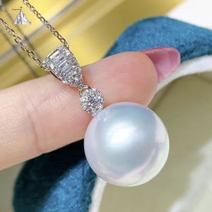 Montagne Jewelry 18k Pure White Gold Ring Crystal Inset Design Fine Jewellery Natural 12-13mm White Pearl Pendant Necklace