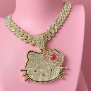 Fashion Kawaii Hello Kitty Necklace Diamond Anime Pendant Cuban Chain Hip Hop Accessories Girl Gifts